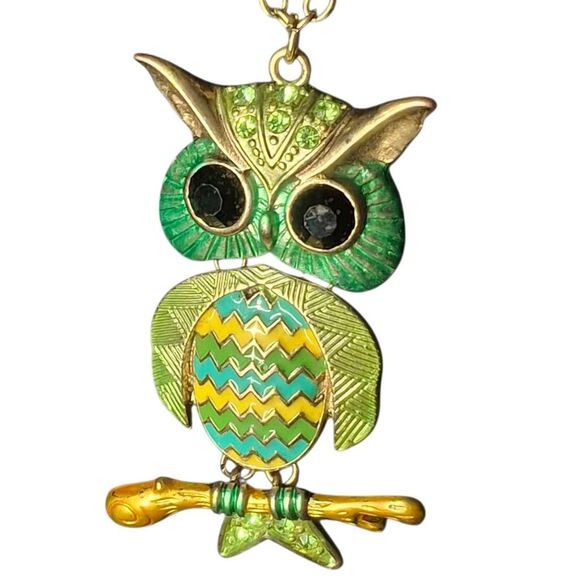 🔥Whimsical Articulated Owl Pendant Necklace | Enamel & Rhinestone Hinged Moveme - Picture 2 of 3